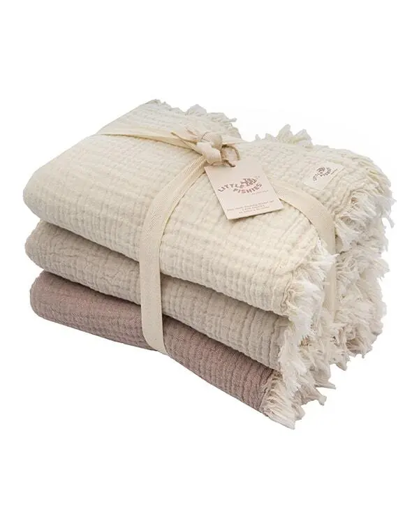 Little Fishies Gauze Receiving Blanket Set - 3 Pack - Natural / Beige / Warm Taupe | Sand Cloud